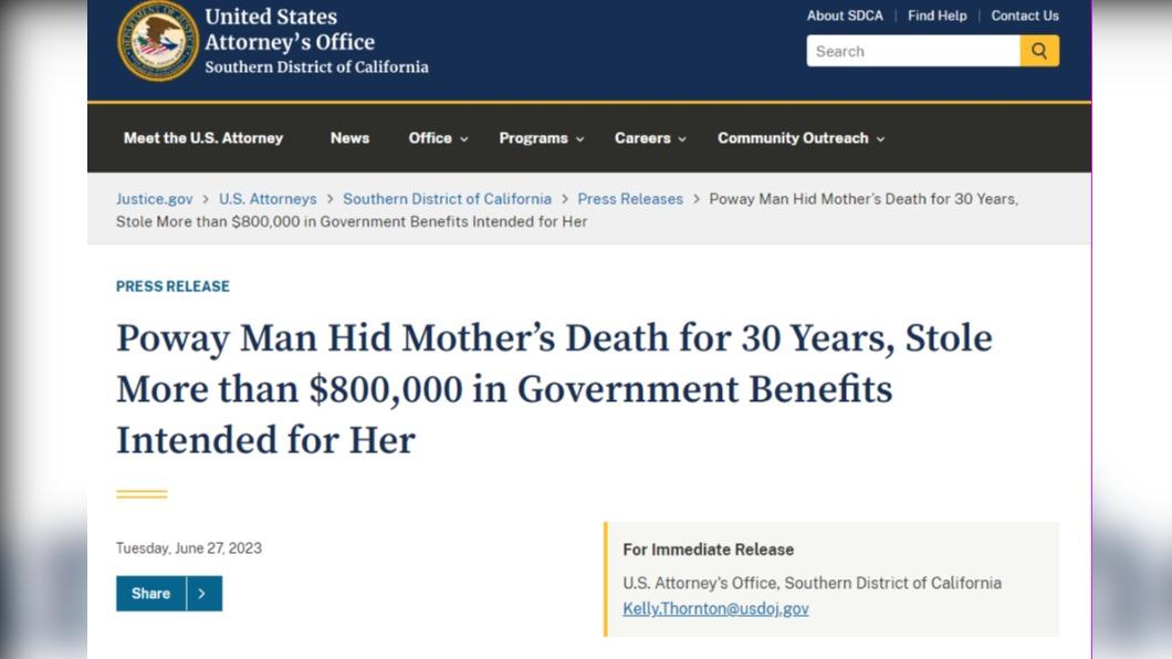 加州男子隱匿母親死訊長達30年,一共詐領83萬美元的各種津貼補助。(圖/翻攝自美國檢察長辦公室)