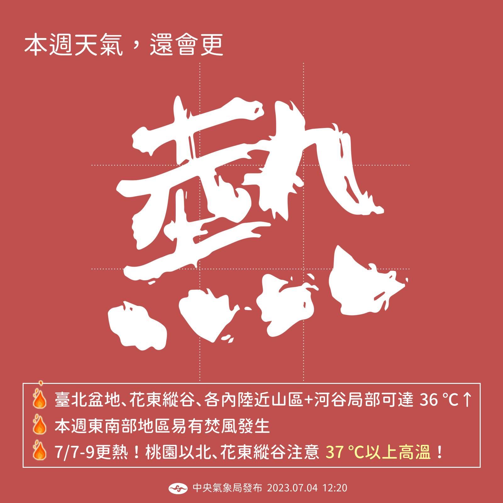 氣象局表示到週末前整體氣溫還會越來越高,呼籲民眾慎防熱傷害。(圖/中央氣象局)