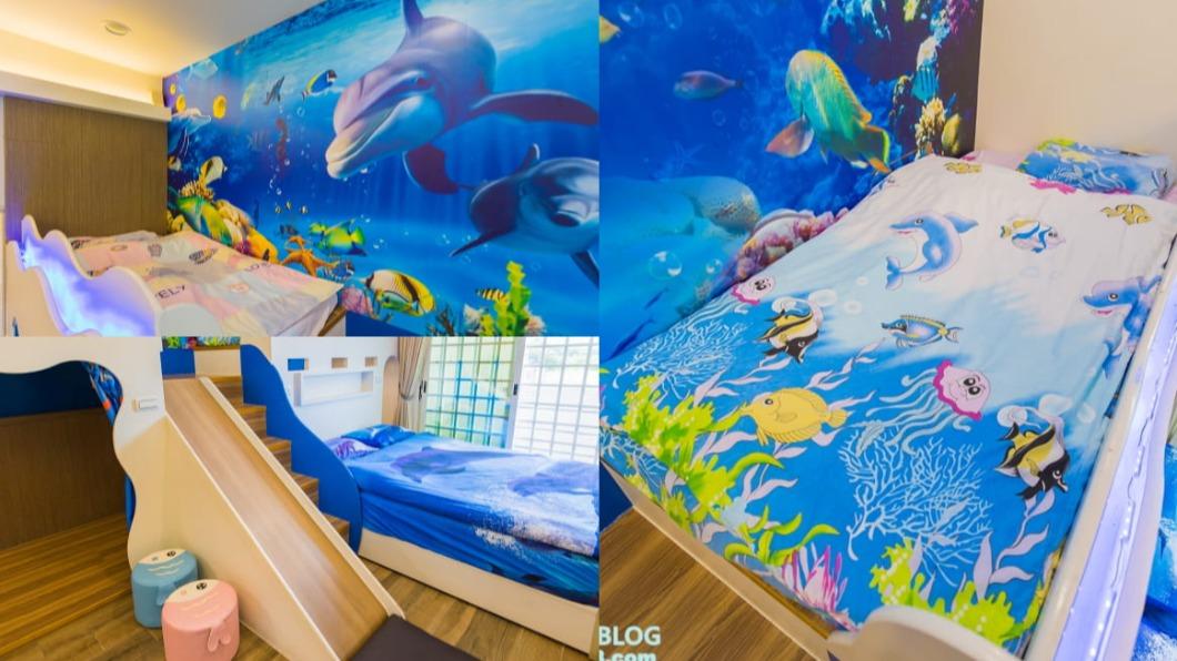 海洋主題的溜滑梯親子房,從床單、枕頭到溜滑梯,都是滿滿海洋元素。(圖/小佳的幻想世界)