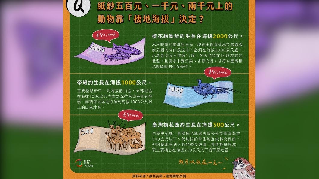 粉專分享新台幣奧秘,鈔票上的數字對應著動物棲息的海拔高度,讓大批網友讚長知識。(圖/翻攝自Home Run Taiwan)