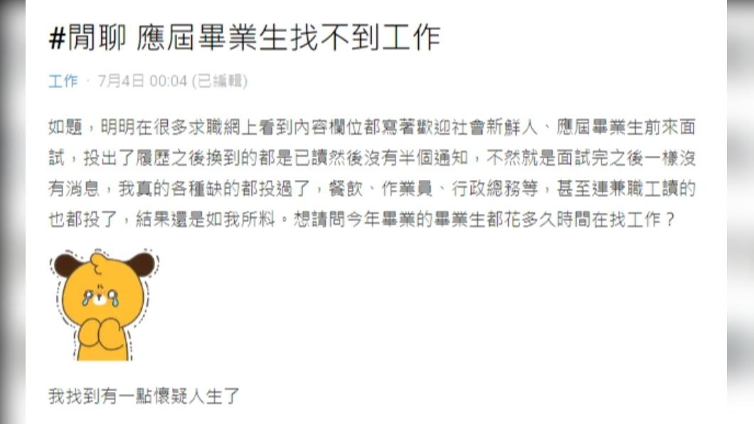 原PO因剛出社會找不到工作焦慮，指出自己投了多家公司卻無消無息。（圖／翻攝自Dcard）
