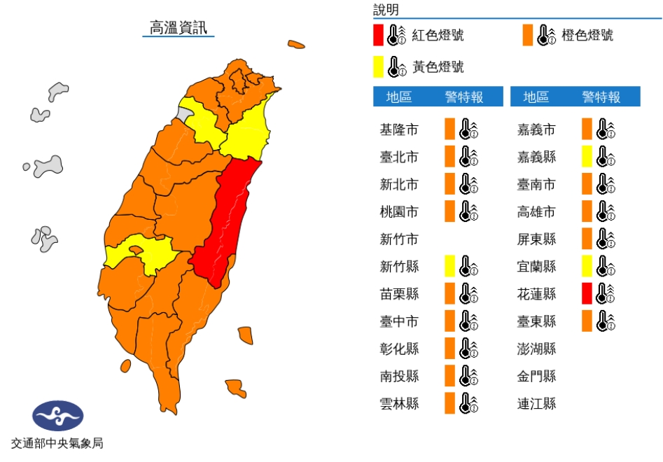 中央氣象局針對18縣市發布高溫警報。(圖/中央氣象局)