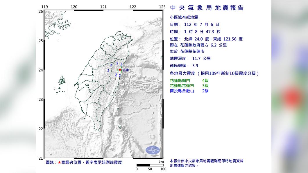 花蓮凌晨發生芮氏規模3.9地震。 (圖/翻攝自中央氣象局)