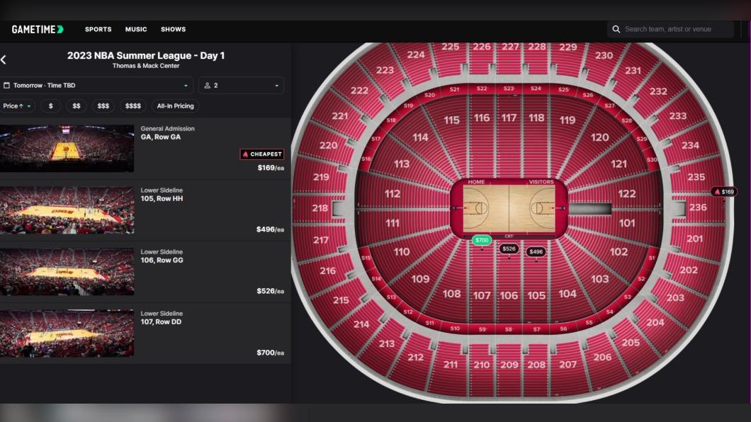 NBA夏季聯盟7日在拉斯維加斯開打,開幕日馬刺場因為狀元加持,門票價格出現翻倍飆漲。(圖/翻攝自Gametime網站)