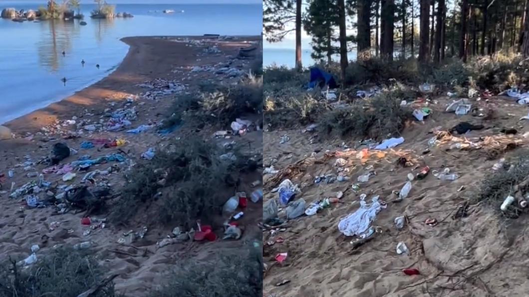 湖邊的沙灘、附近的樹林內都堆滿垃圾，總量達到4公噸重。（圖／翻攝自@ActiveNorCal推特）