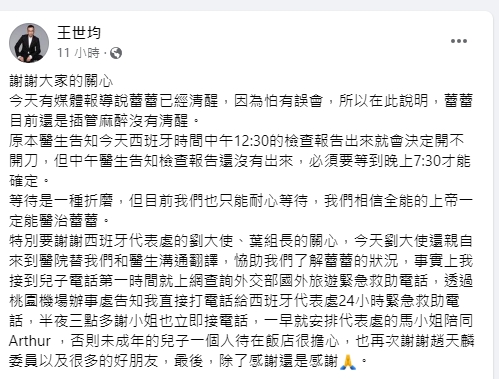 王世均澄清洪曉蕾未清醒。(圖/翻攝自王世均臉書)