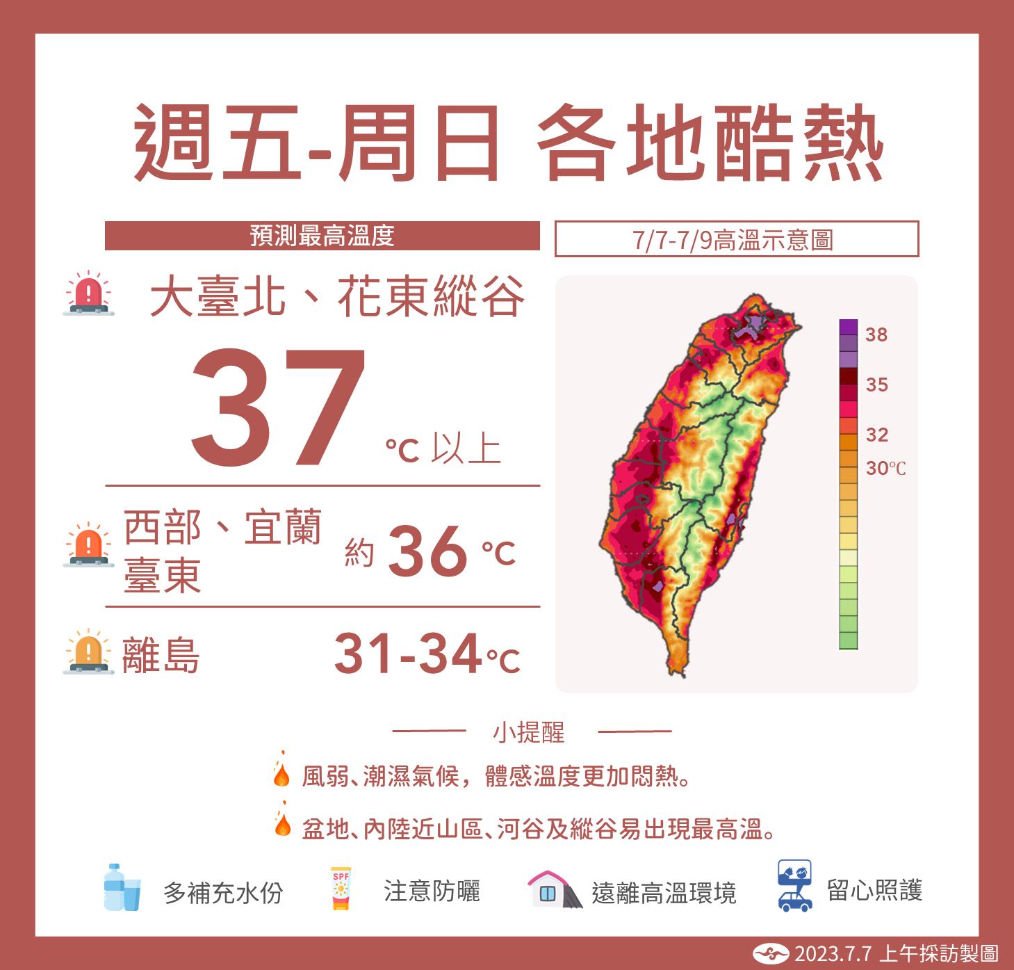 週五至週日全台各地酷熱。(圖/氣象局)