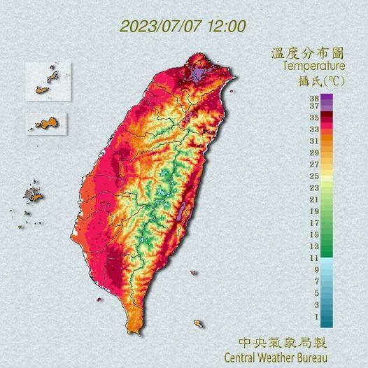 全台高溫分布。(圖/氣象局)