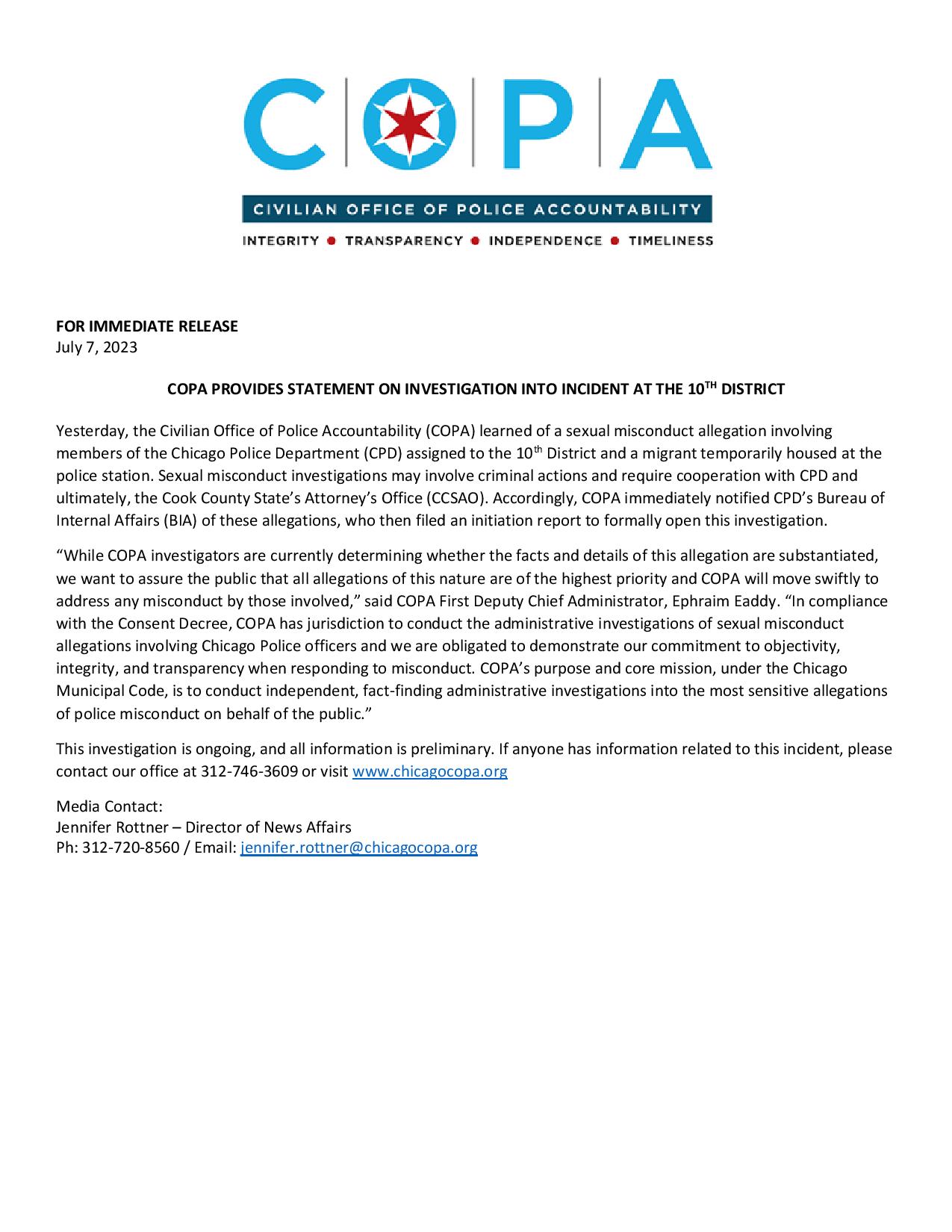 「警察問責民事辦公室」(COPA)發出聲明。(圖/翻攝自COPA 推特 @ChicagoCOPA)