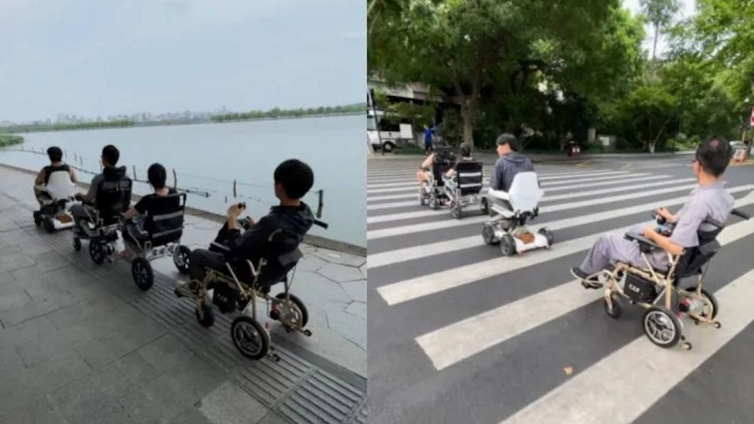 許多年輕人在街道上飆輪椅。(圖/翻攝自微博)