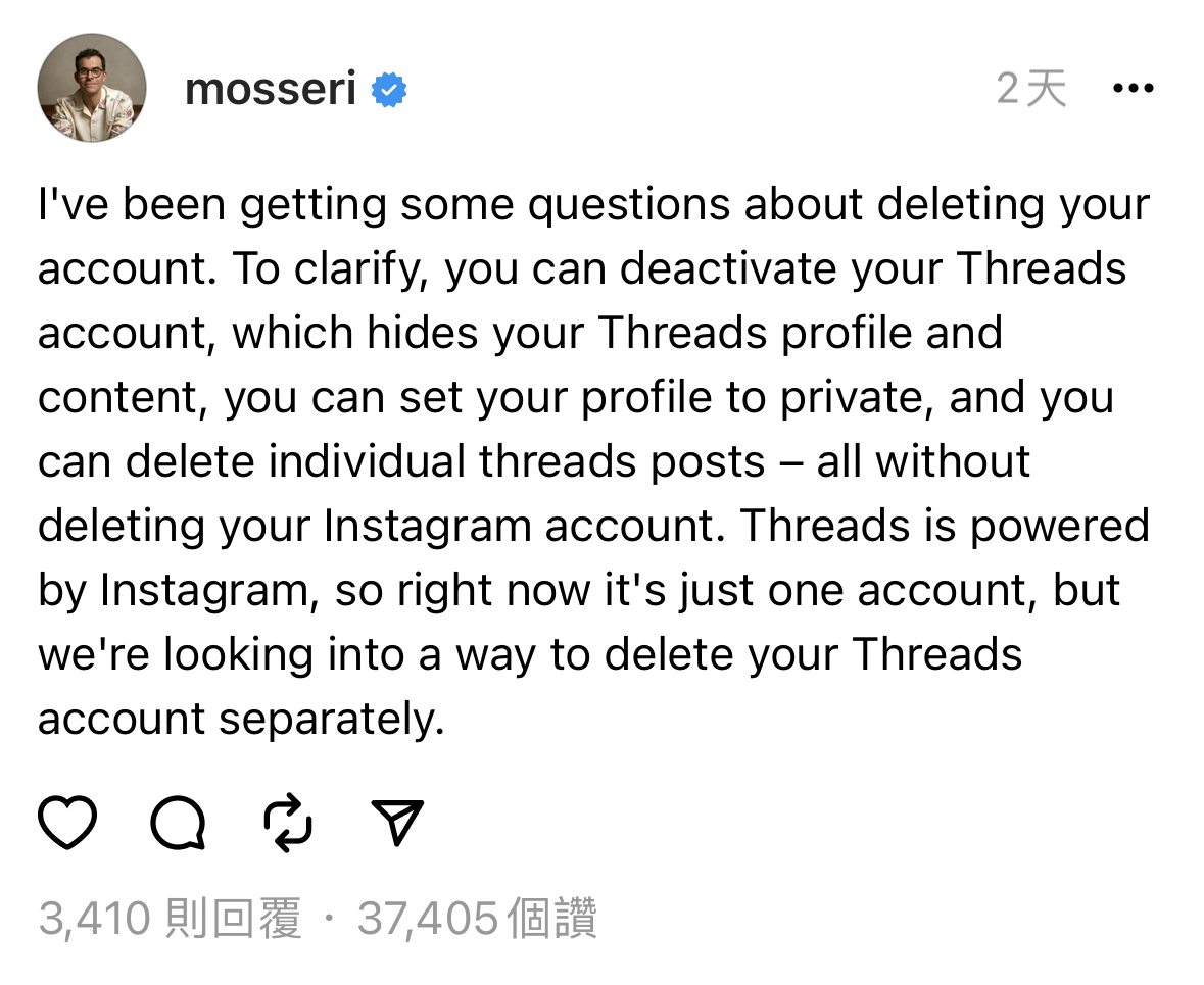 莫瑟里發文表示公司已經在研究解決辦法。(圖/翻攝自mosseri Threads)