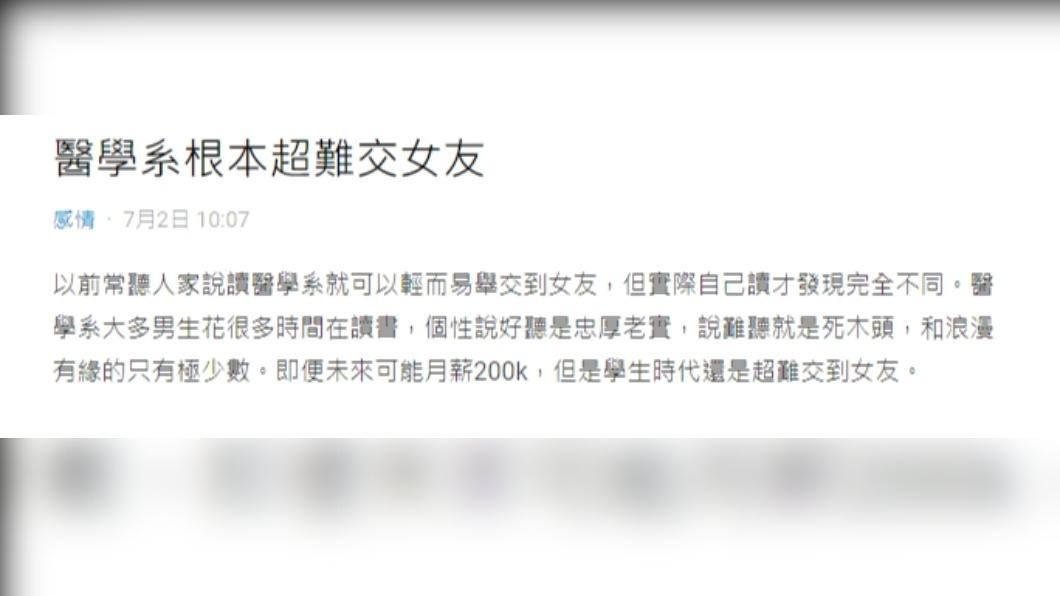 醫學系條件好,原PO認為應該很好交到女友,事實卻不然。(圖/翻攝自Dcard。)