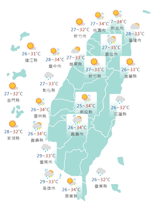 各縣市氣溫預報。（圖／中央氣象局）