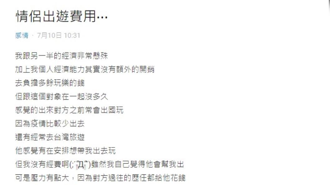 有網友對出遊費用感到苦惱。(圖/翻攝自Dcard)