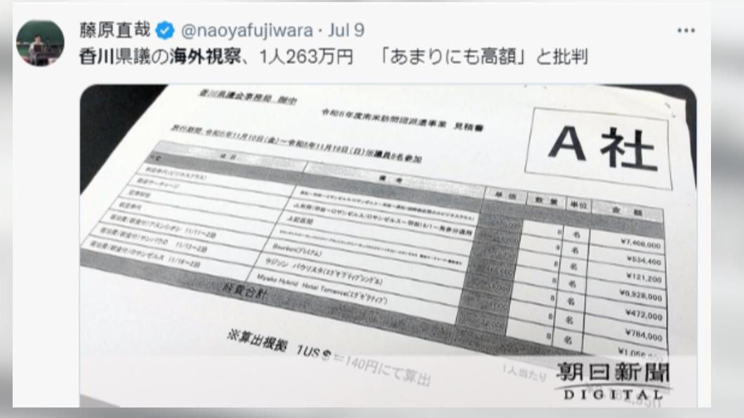 香川縣民抱怨議員的旅費太高。(圖/翻攝自推特)
