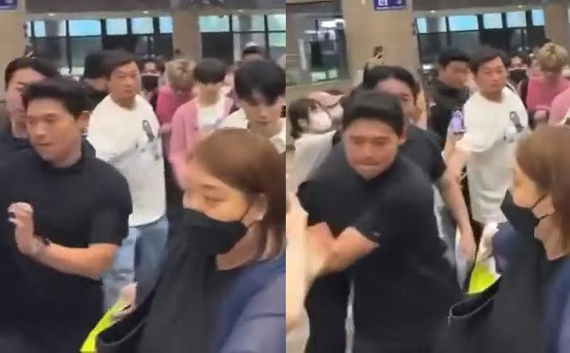 今天&TEAM出國時,送機粉絲人數不多,卻仍遭保鑣大力推開。(圖/翻攝自kfpSN2EHDE86996推特)