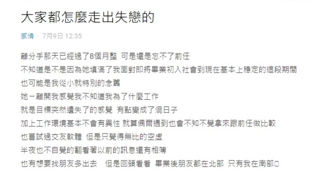 網友分享自己分手後失去了生活目標。(圖/翻攝自Dcard)