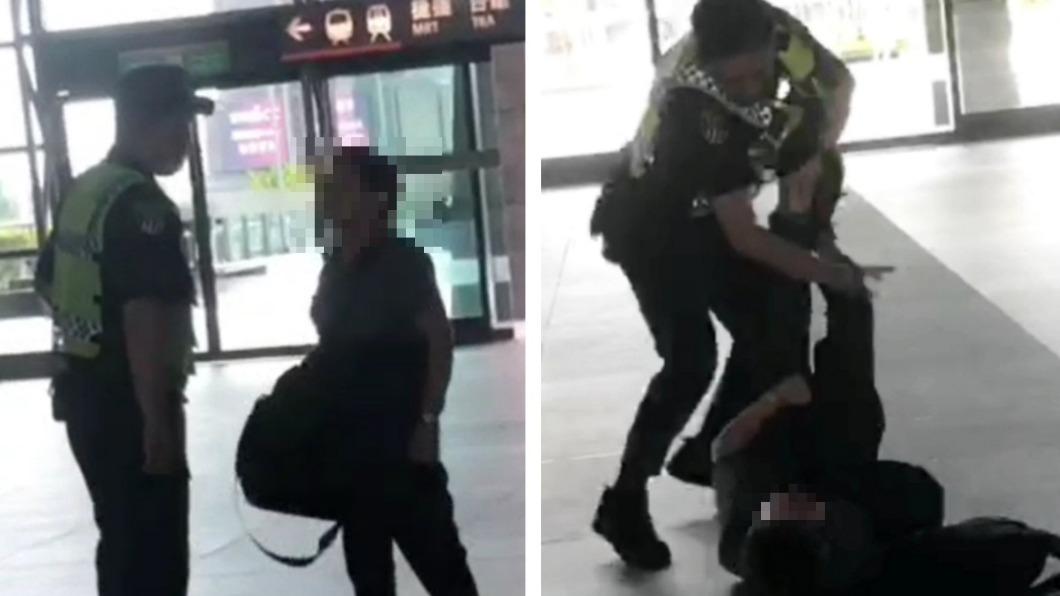 旅客全傻眼!婦人高鐵站咆哮 拉警帽還扯口罩遭壓制在地