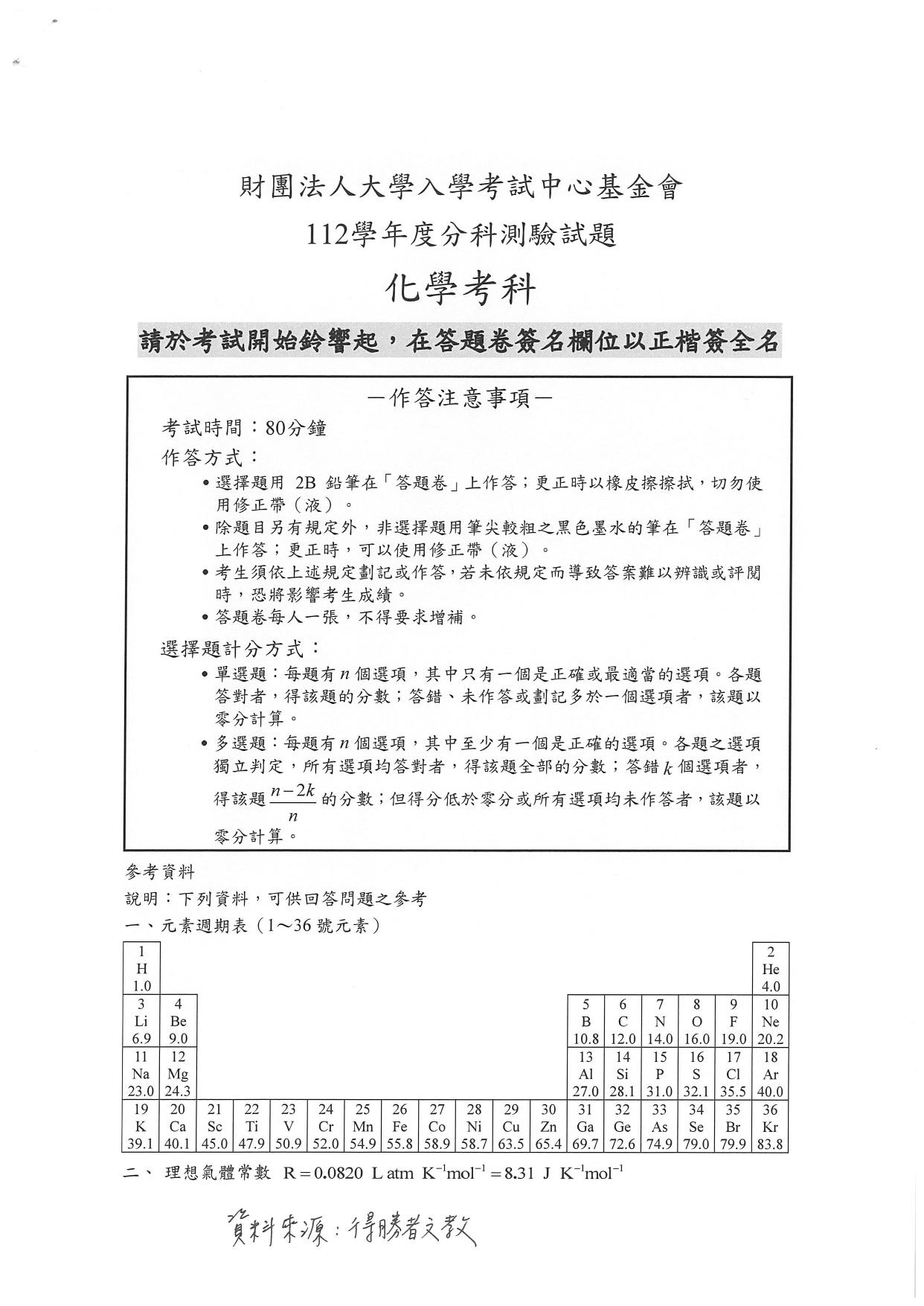 大學分科測驗化學科試題參考解答。(圖/得勝者文教提供)