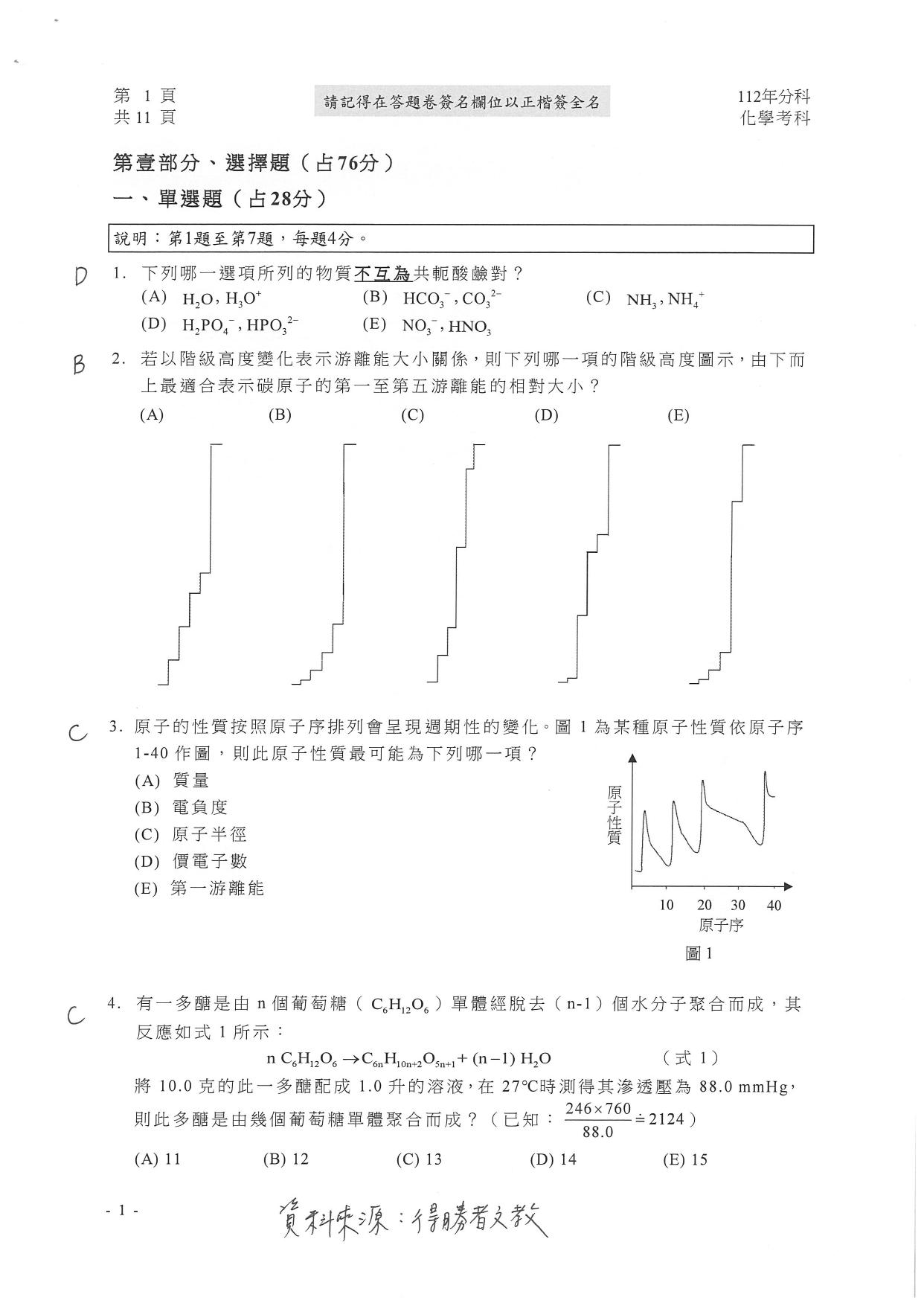 大學分科測驗化學科試題參考解答。(圖/得勝者文教提供)