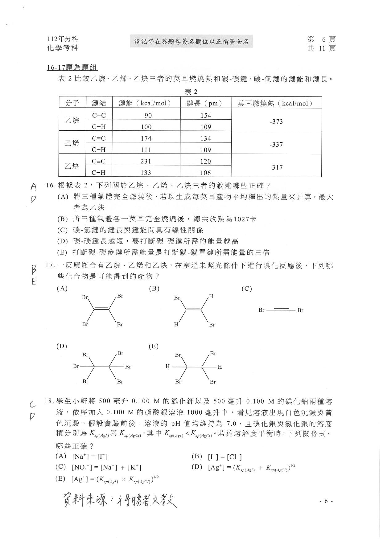 大學分科測驗化學科試題參考解答。(圖/得勝者文教提供)