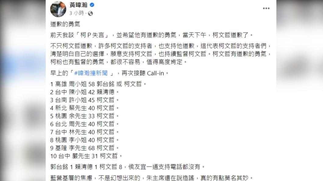 黃暐瀚肯定柯文哲為失言道歉,並貼出Call-in民調結果。(圖/翻攝自黃暐瀚臉書)