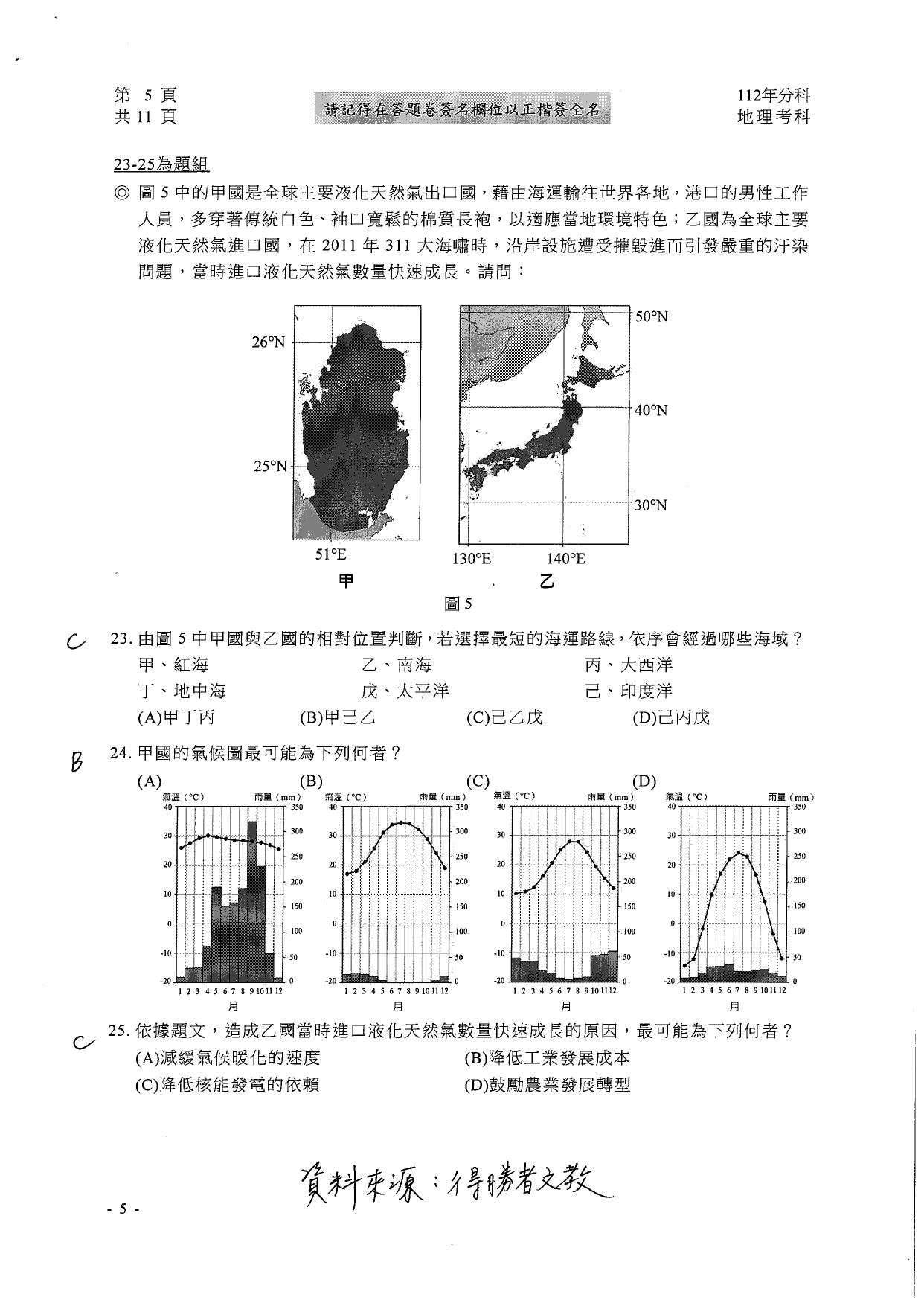 大學分科測驗地理科試題參考解答。(圖/得勝者文教提供)