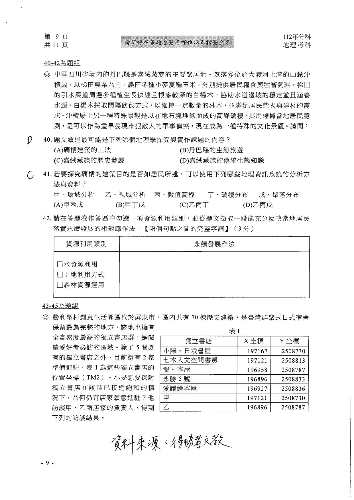 大學分科測驗地理科試題參考解答。(圖/得勝者文教提供)