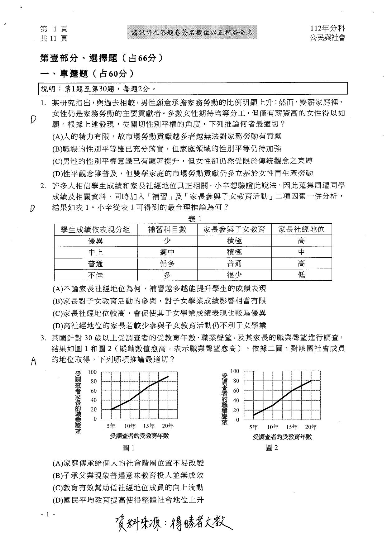 大學分科測驗公民科試題參考解答。(圖/得勝者文教提供)