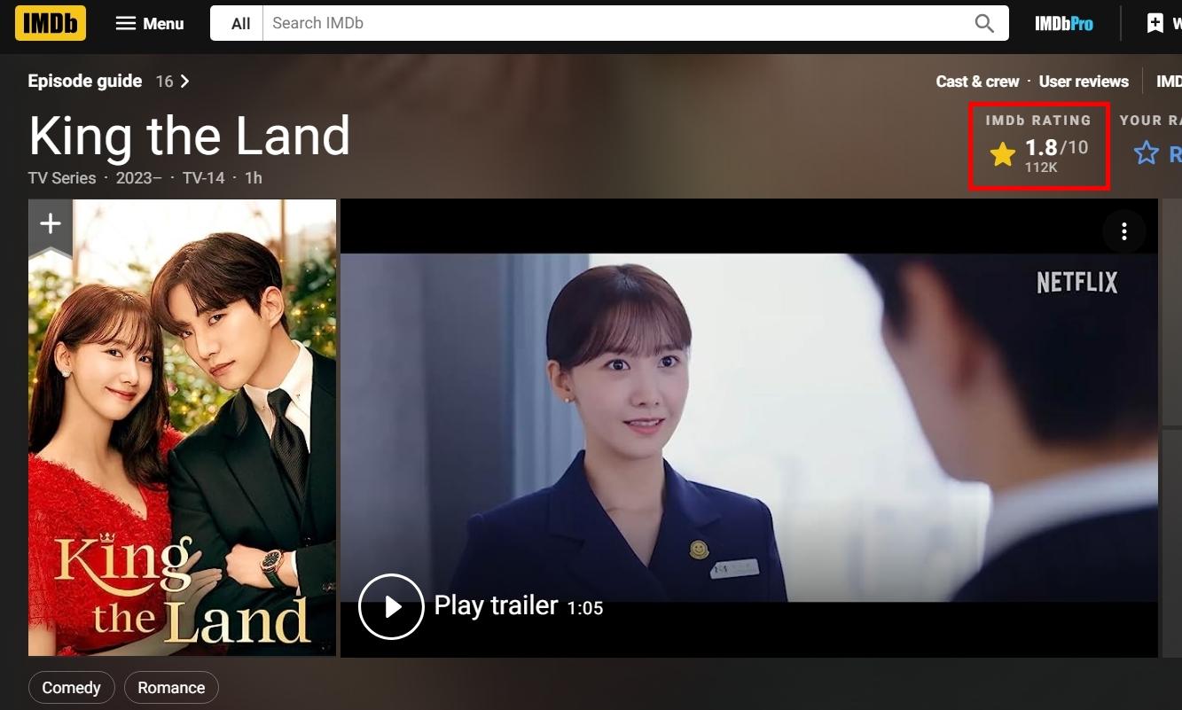 《歡迎來到王之國》在IMDb上的評分來到1.8分。(圖/翻攝自IMDb)