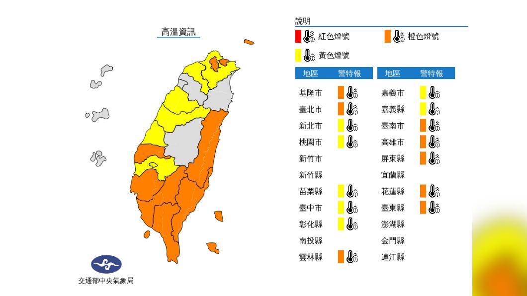 氣象局針對全台15縣市發布高溫警訊。（圖／中央氣象局）