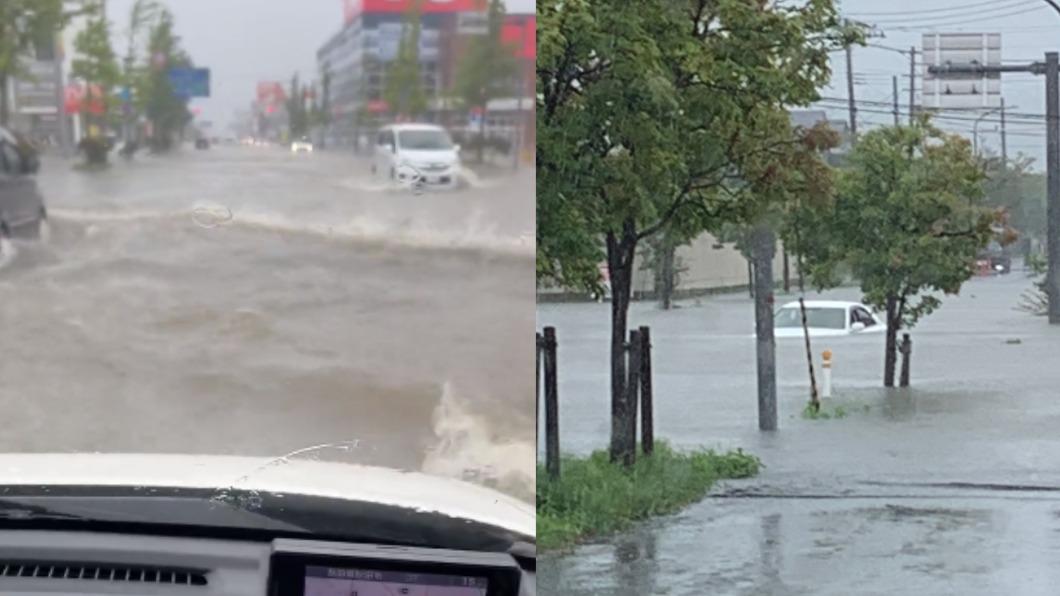 秋田多處道路淹水,汽車受困。(圖/翻攝自推特@dmj_mx、Ilovejunsai)