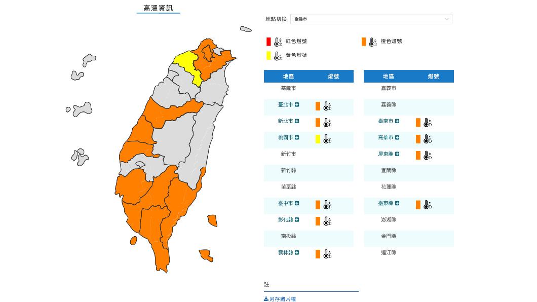 氣象局針對10縣市發布高溫特報。(圖/氣象局)