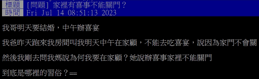 網友不解「家裡有喜事不能關門」的說法。（圖／翻攝自PTT） 