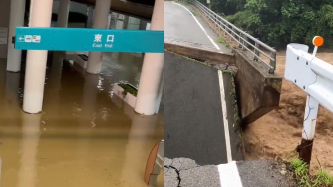 秋田車站淹水、橋樑遭沖斷。(圖/翻攝自推特@Haremaru0313、@hitsuji_akita)