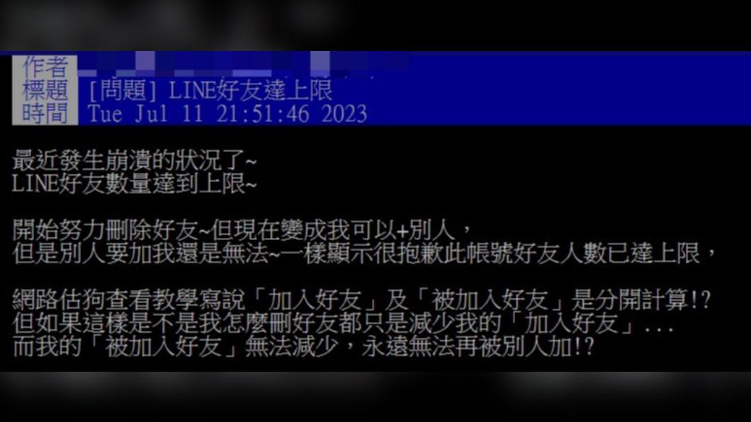 網友發現LINE好友人數達上限。(圖/翻攝自PTT)