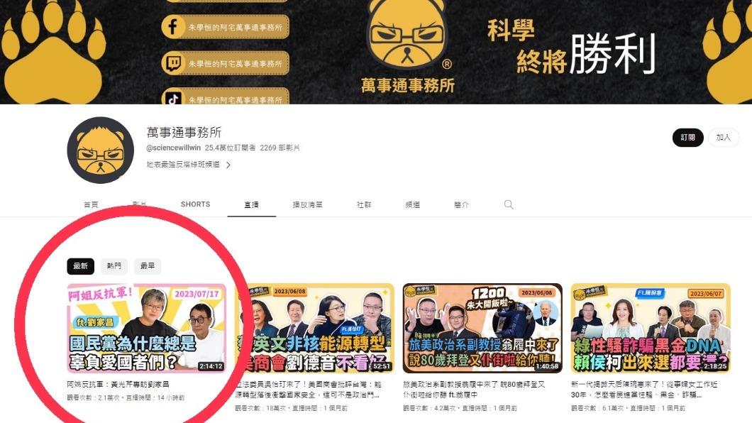 昨朱學恒YT頻道改名換黃光芹接手。(圖/翻攝自萬事通事務所YouTube)