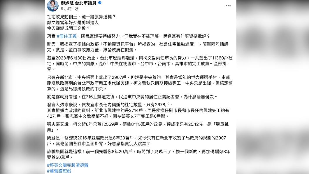 游淑慧痛批蔡政府7年興建且完工的社會住宅户數「全部掛零」。(圖/翻攝自游淑慧臉書)