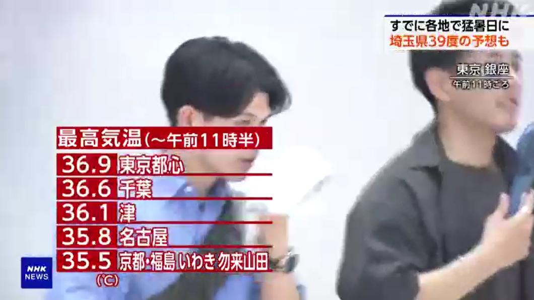 日本多地測得高溫,包含東京、千葉、名古屋和京都,都出現讓人難受的熱度。(圖/翻攝自NHK影音)