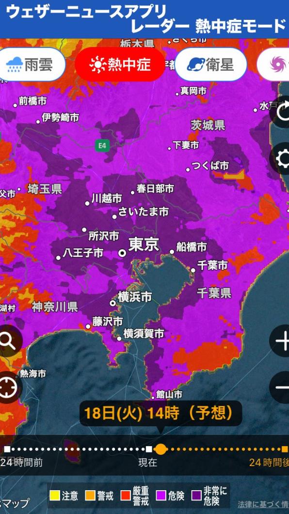 根據氣象預測,首都東京的中暑危險等級是一整片紫色與深紫色的「非常危險」。(圖/翻攝自@wni_jp推特)
