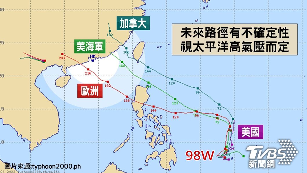 菲律賓東方海面的熱帶擾動可能路徑。(圖/TVBS)