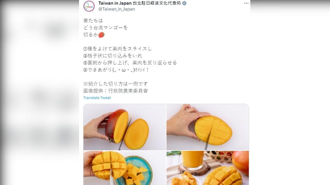 代表處分享台灣芒果切法,其中格子狀是最經典的一種。(圖/翻攝自台北駐日經濟文化代表處)