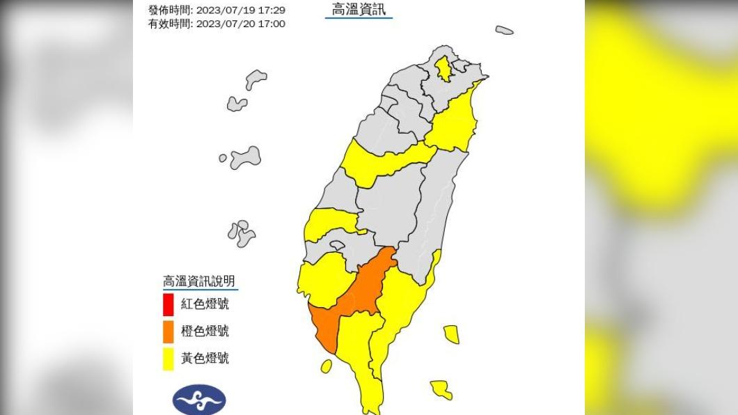 明8縣市亮起高溫燈號。（圖／翻攝自中央氣象局）