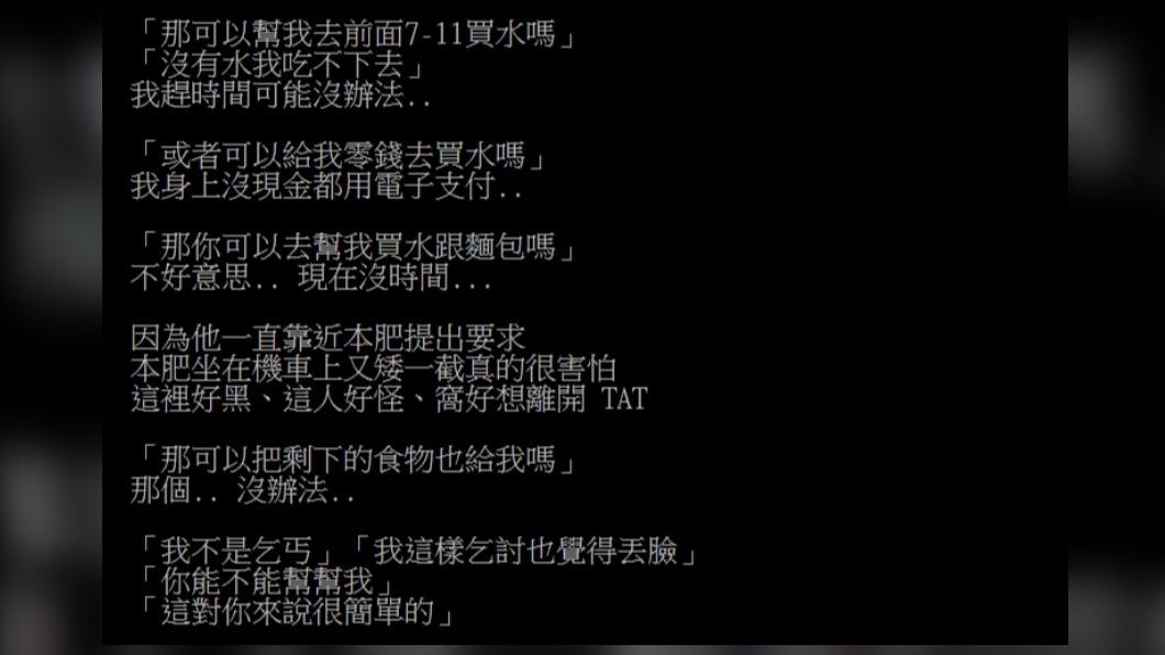 原PO被要求給予食物與水,且過程對方的字句讓他相當難受。(圖/翻攝自ptt)