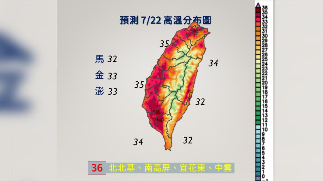 今日全台各地仍要慎防熱傷害,局部達36度以上高溫。(圖/氣象局提供)