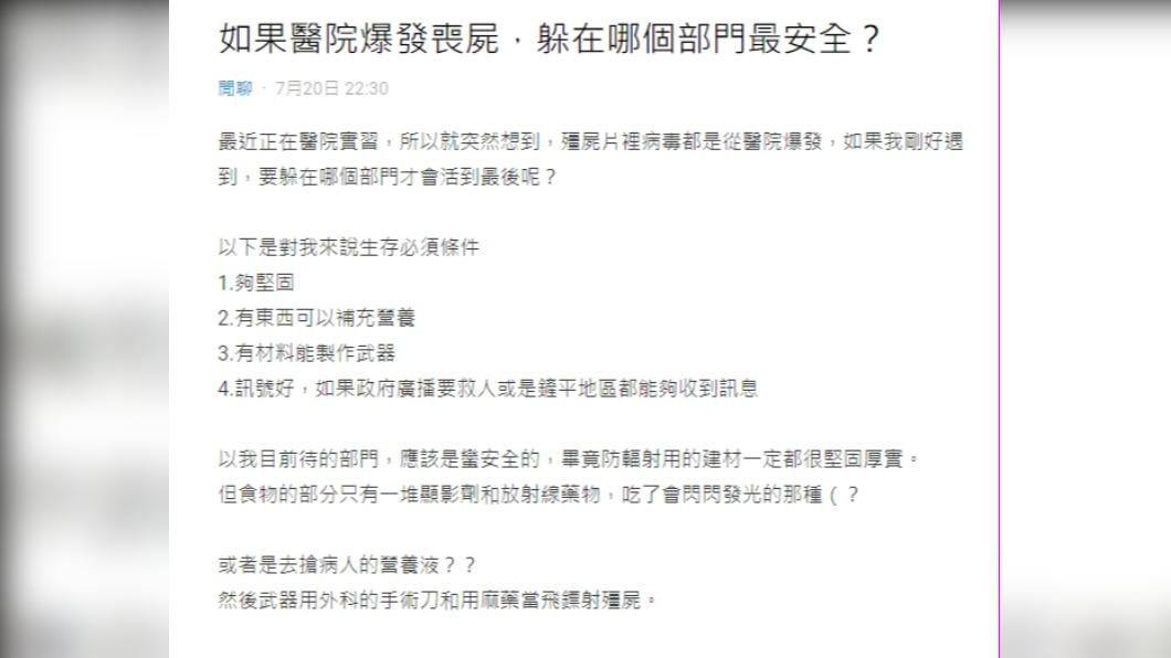 原po好奇喪屍出沒醫院時，大家會選擇什麼方式自保。（圖／翻攝自Dcard）