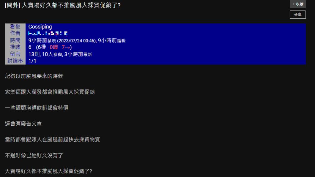 網友疑惑，過去颱風將至大賣場都會有促銷，為何現在沒了。（圖／翻攝自PPT）