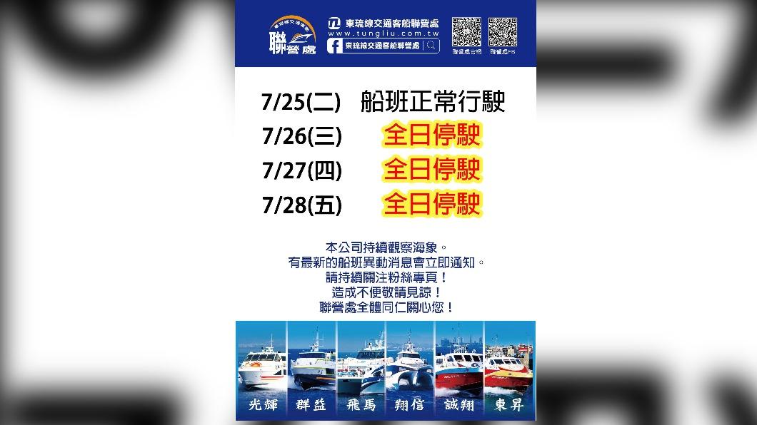 船班26日起至28日將全面停駛。(圖/翻攝自東琉線聯營處臉書)
