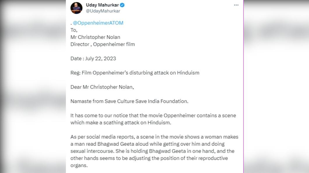 印度資訊委員Uday Mahurkar在推特向電影導演諾蘭發出聲明。(圖/ 翻攝自Uday Mahurkar推特)