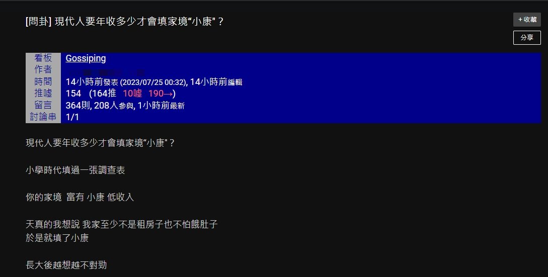 原PO發文詢問「現代人要年收多少才會填家境“小康"?」(圖 / 翻攝自PTT)